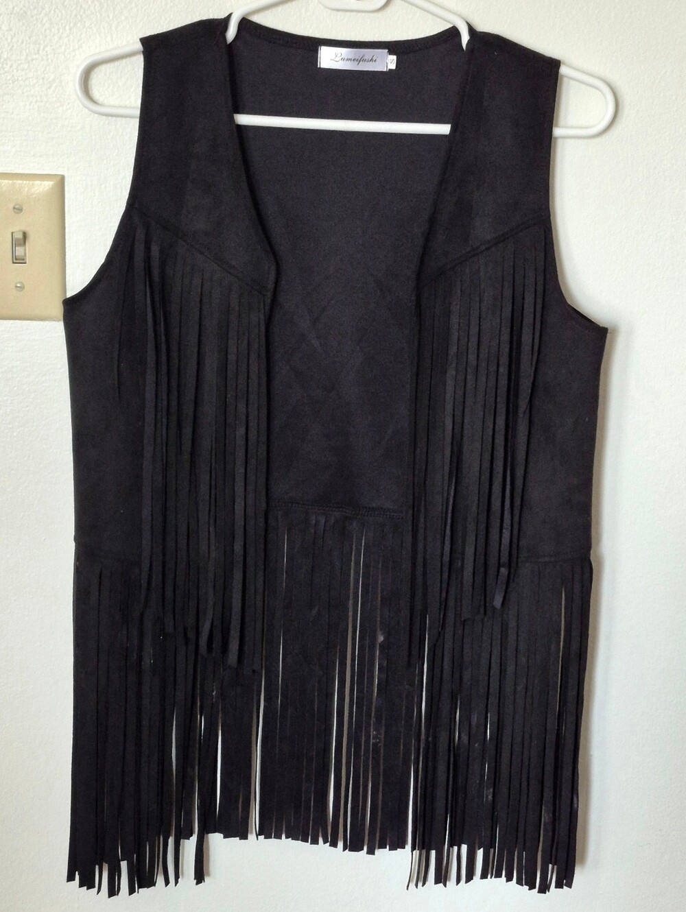 Lumeifushi Women's Black Faux Suede Fringe Vest Small